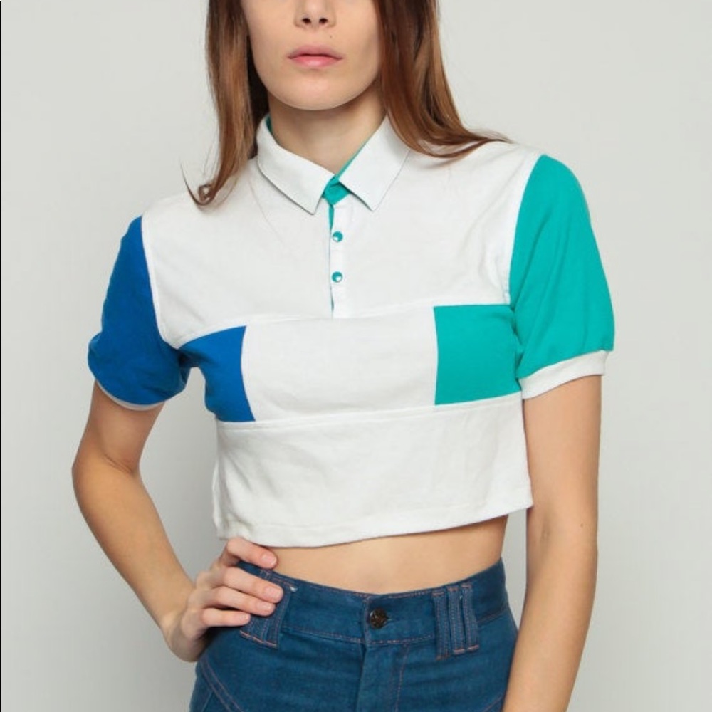 Crop Top Polo Shirt Color Block Short Sleeve 80s T Shirt Grunge Vintage small